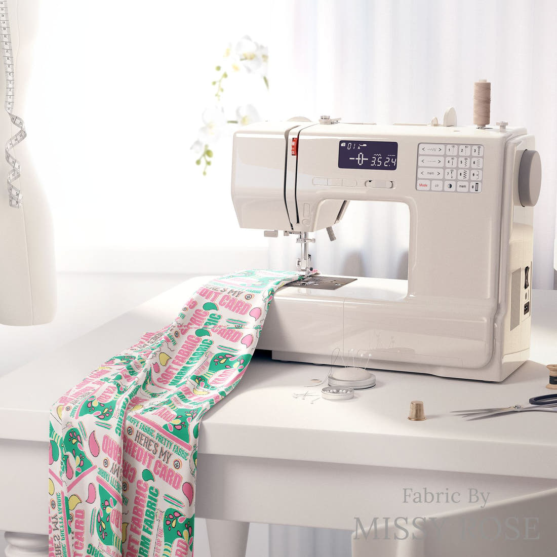 Design 286 Funny Sewing Fabric on a sewing machine – premium fabric for sewing projects | Fabric by Missy Rose