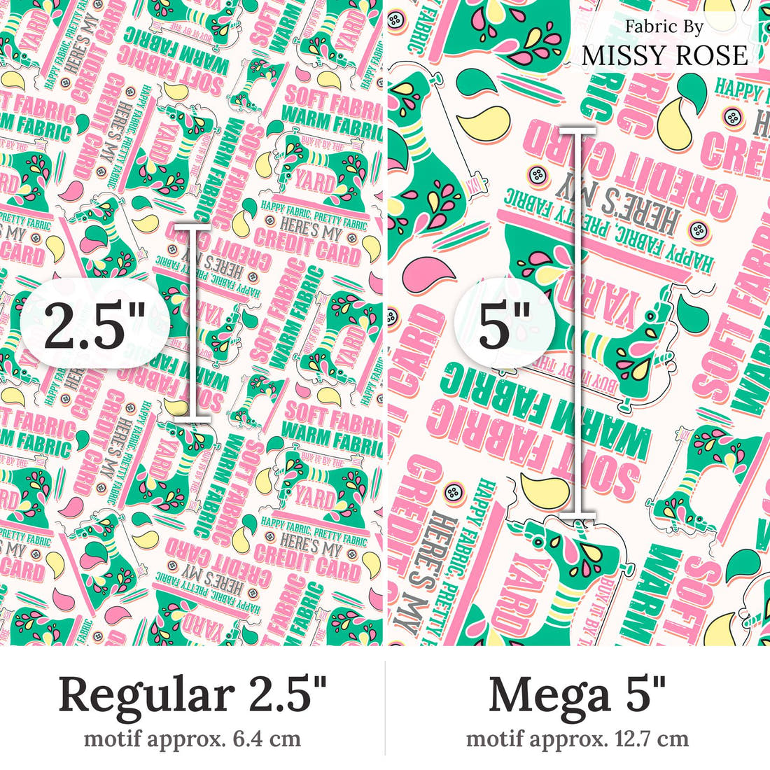 Design 286 Funny Sewing Fabric Regular 2.5 inch vs Mega 5 inch print scale side by side | Fabric by Missy Rose