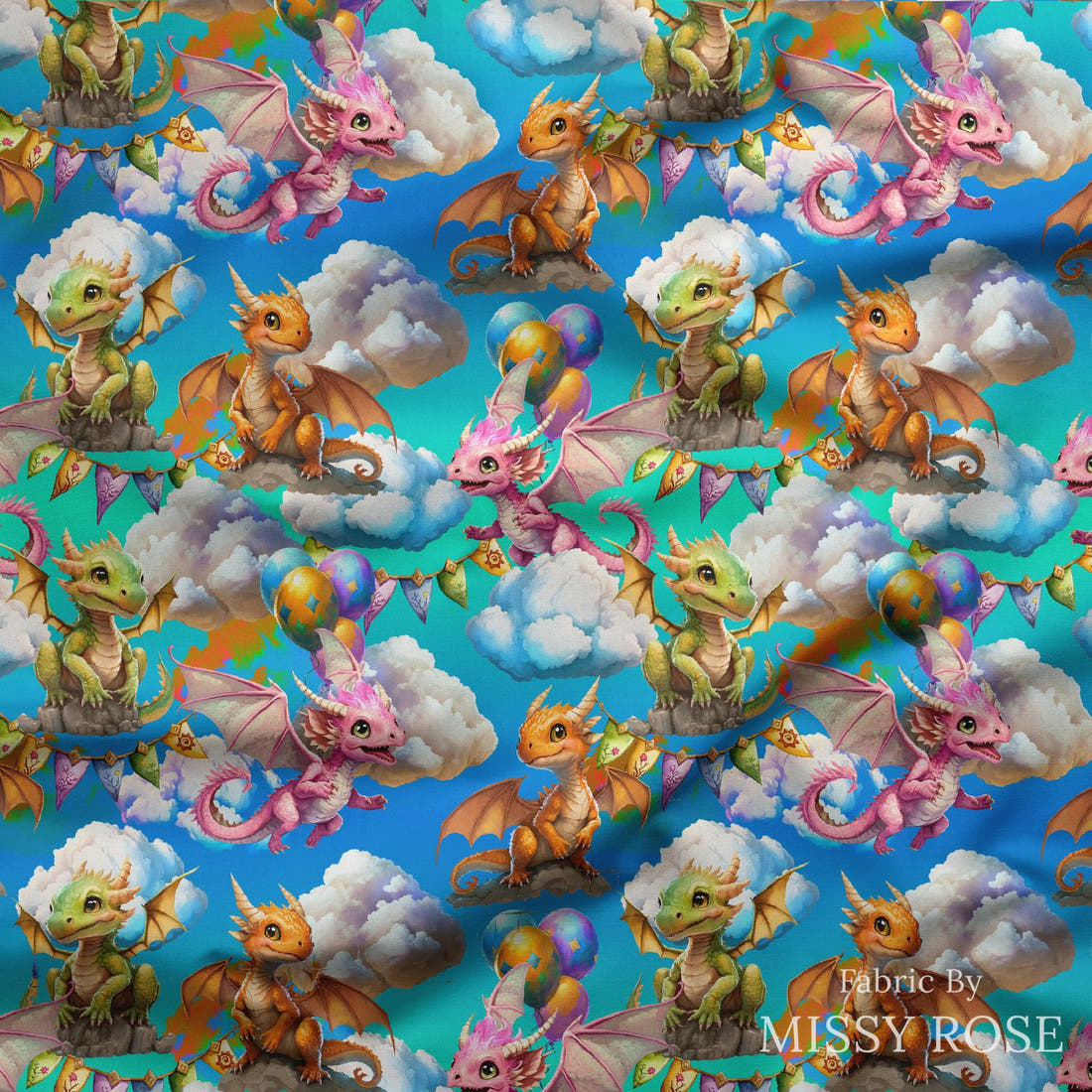 Design 287 Cute Dragons Fabric draped fabric mockup – custom printed fabric by the metre | Fabric by Missy Rose