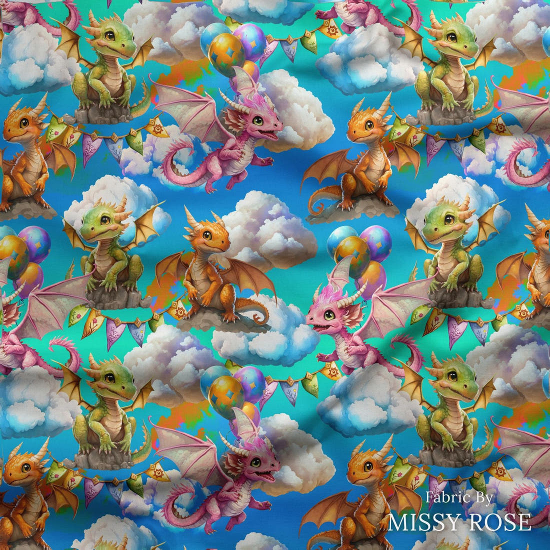 Design 287 Cute Dragons Fabric draped fabric mockup – custom printed fabric by the metre | Fabric by Missy Rose