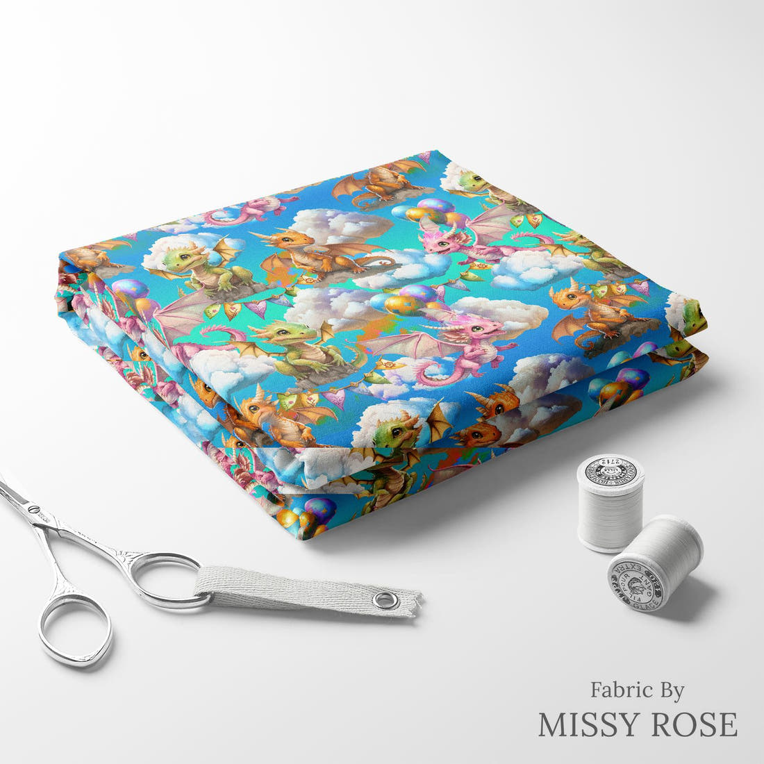 Design 287 Cute Dragons Fabric folded fabric stack with matching thread – pre-order fabric Australia | Fabric by Missy Rose