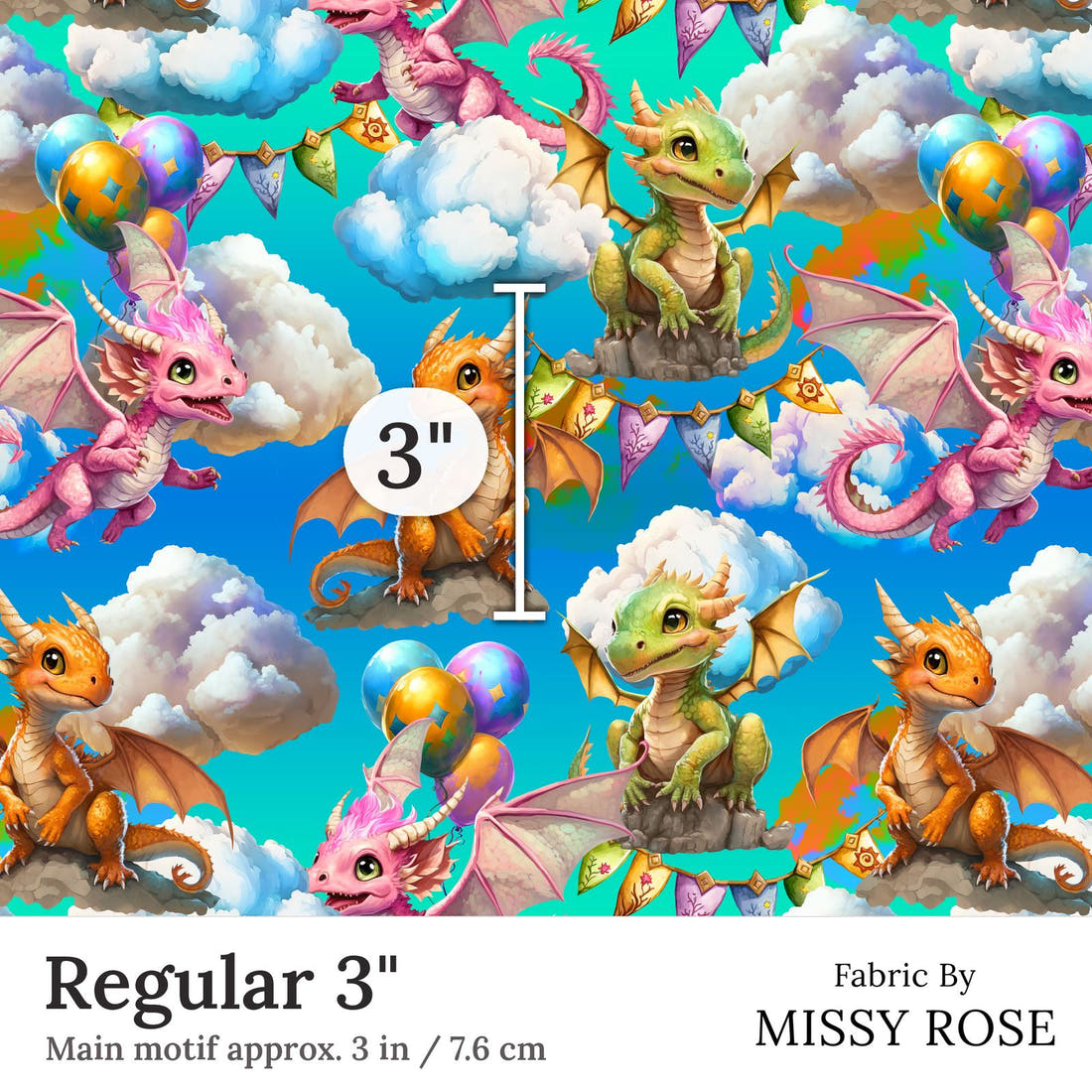 Design 287 Cute Dragons Fabric Regular 3 inch print scale guide | Fabric by Missy Rose