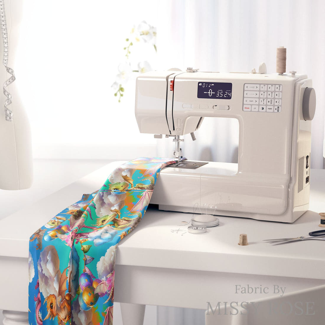 Design 287 Cute Dragons Fabric on a sewing machine – premium fabric for sewing projects | Fabric by Missy Rose