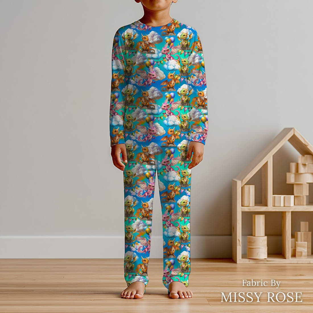 Design 287 Cute Dragons Fabric sewn into kids' pyjamas – see how the print looks made up | Fabric by Missy Rose