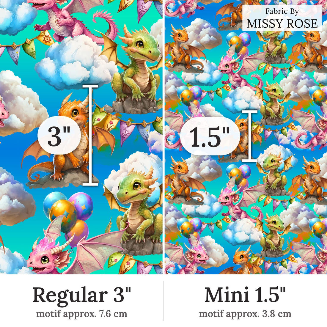 Design 287 Cute Dragons Fabric Regular 3 inch vs Mini 1.5 inch print scale side by side | Fabric by Missy Rose
