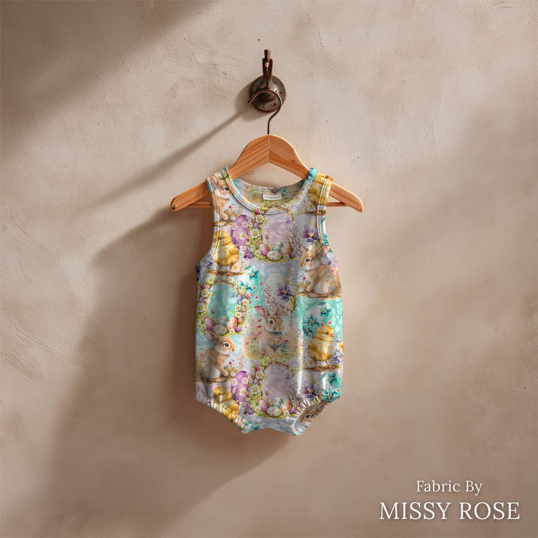Design 288 Cute Easter Fabric sewn into a baby romper – see how the print looks made up | Fabric by Missy Rose