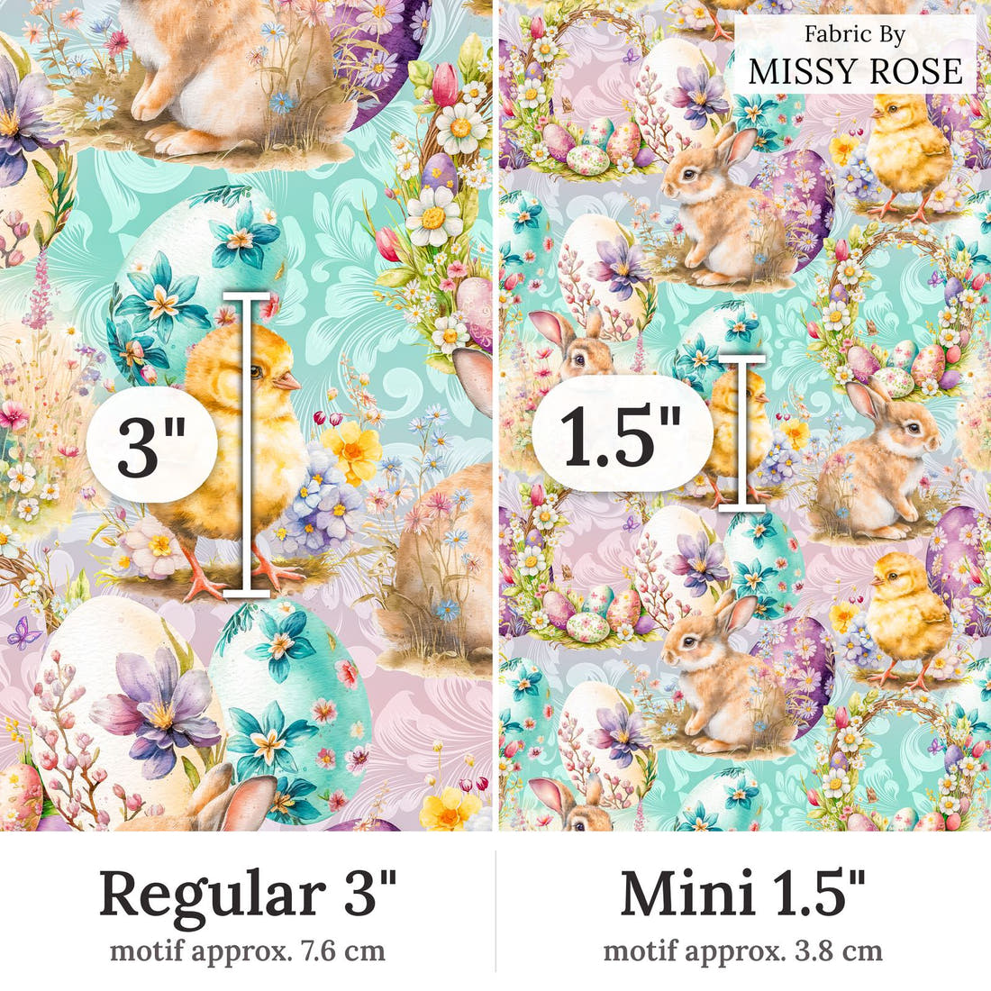 Design 288 Cute Easter Fabric Regular 3 inch vs Mini 1.5 inch print scale side by side | Fabric by Missy Rose