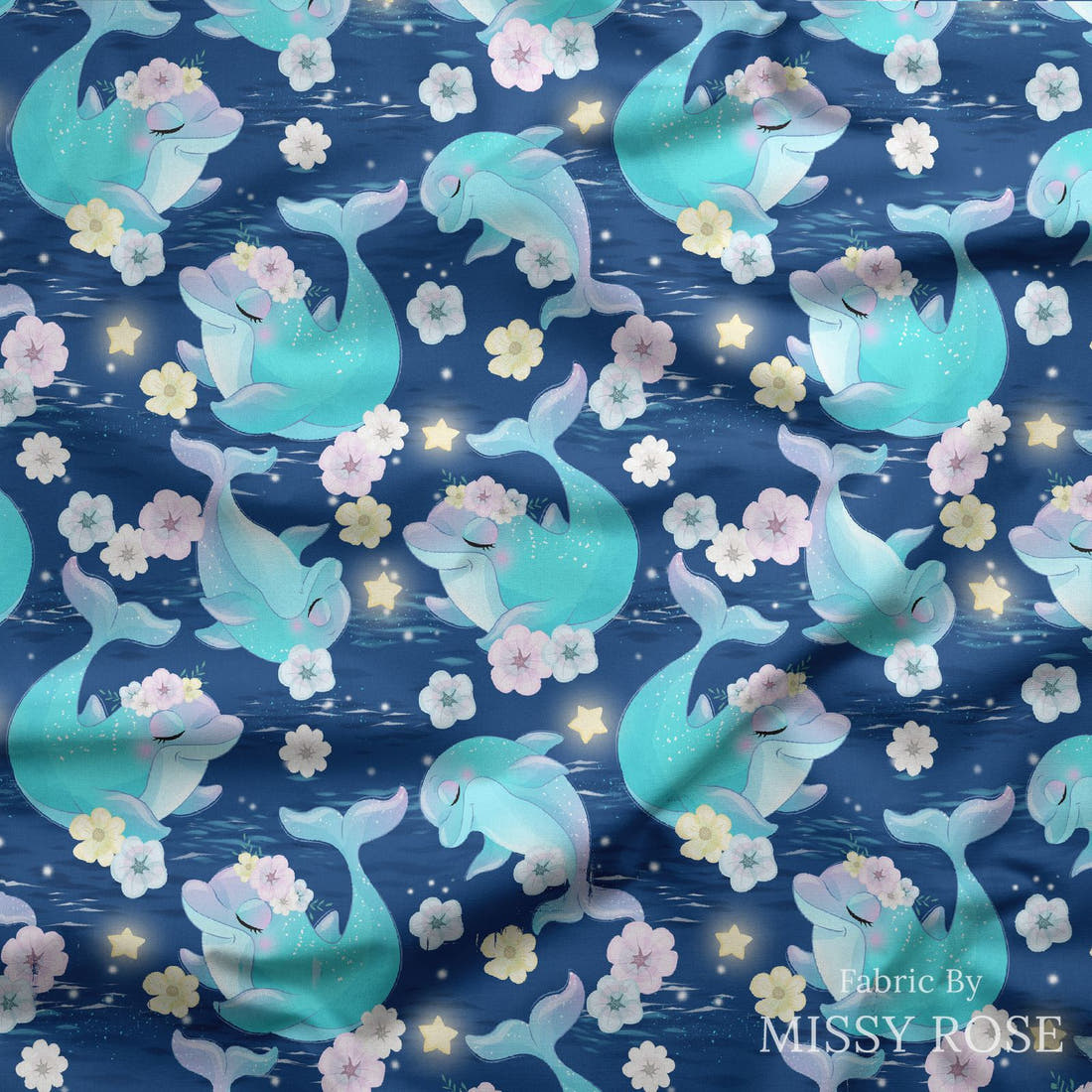 Design 289 Dolphin Fabric draped fabric mockup – custom printed fabric by the metre | Fabric by Missy Rose