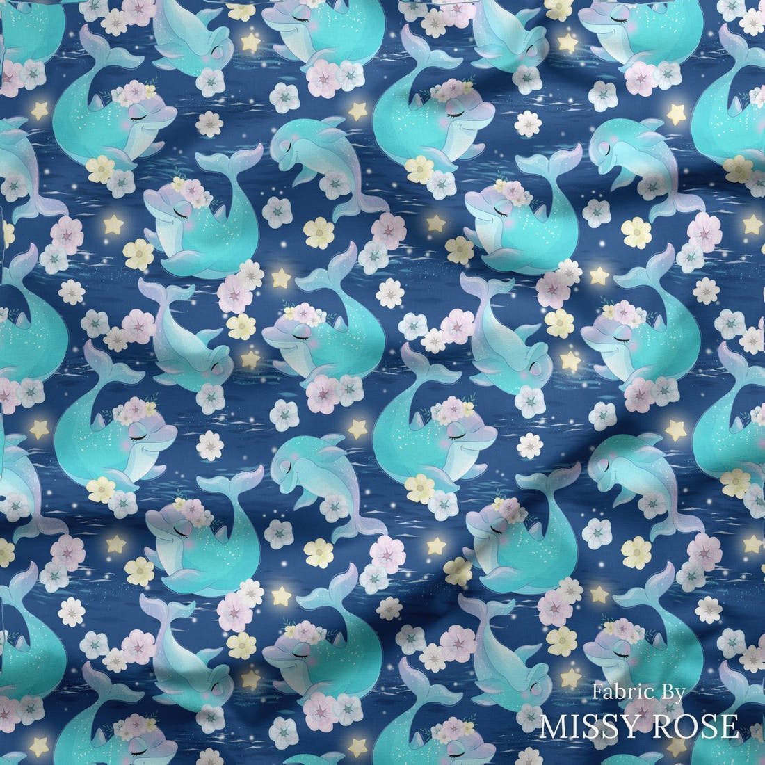 Design 289 Dolphin Fabric draped fabric mockup – custom printed fabric by the metre | Fabric by Missy Rose