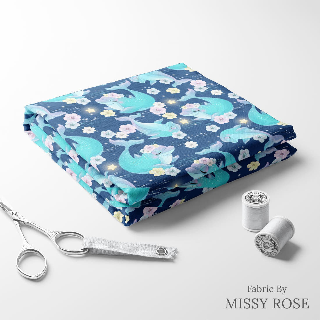 Design 289 Dolphin Fabric folded fabric stack with matching thread – pre-order fabric Australia | Fabric by Missy Rose