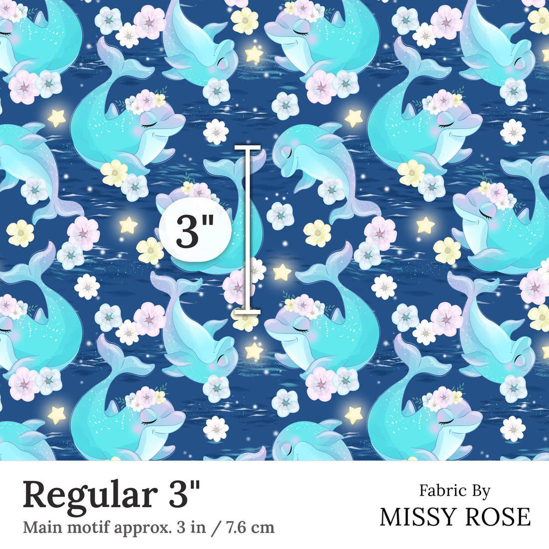 Design 289 Dolphin Fabric Regular 3 inch print scale guide | Fabric by Missy Rose