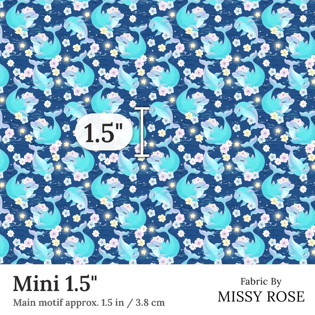 Design 289 Dolphin Fabric Mini 1.5 inch print scale guide | Fabric by Missy Rose