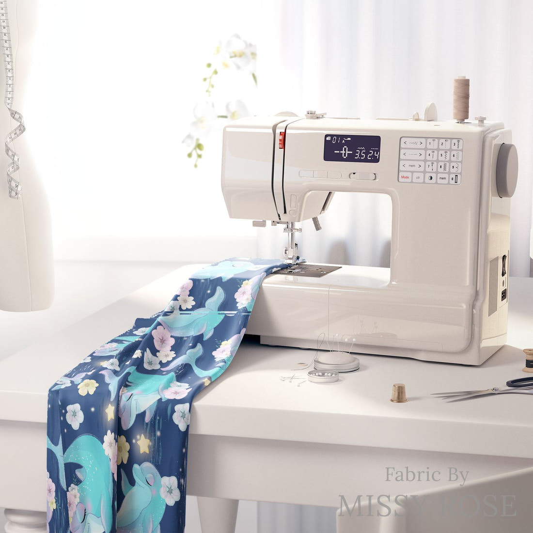 Design 289 Dolphin Fabric on a sewing machine – premium fabric for sewing projects | Fabric by Missy Rose