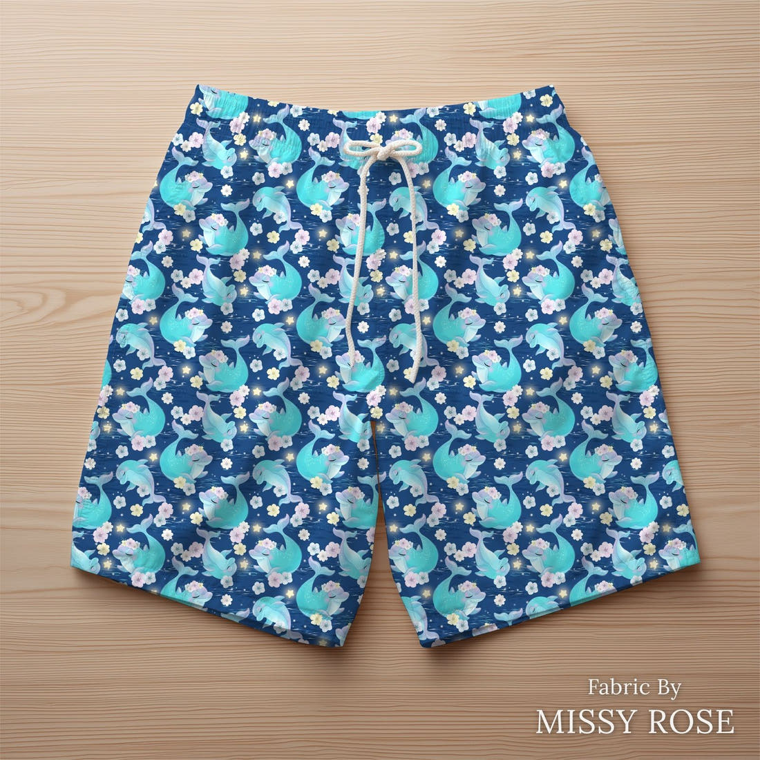 Design 289 Dolphin Fabric sewn into swim shorts – see how the print looks made up | Fabric by Missy Rose