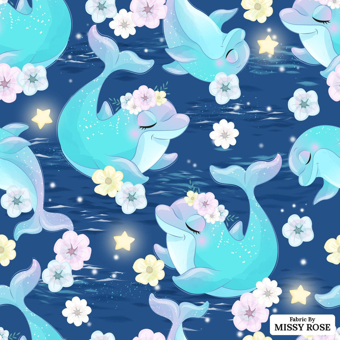 Design 289 Dolphin Fabric - flat view of the print, zoom in for detail | Fabric by Missy Rose