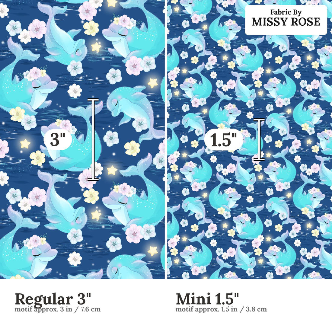 Design 289 Dolphin Fabric size comparison - print scale | Fabric by Missy Rose