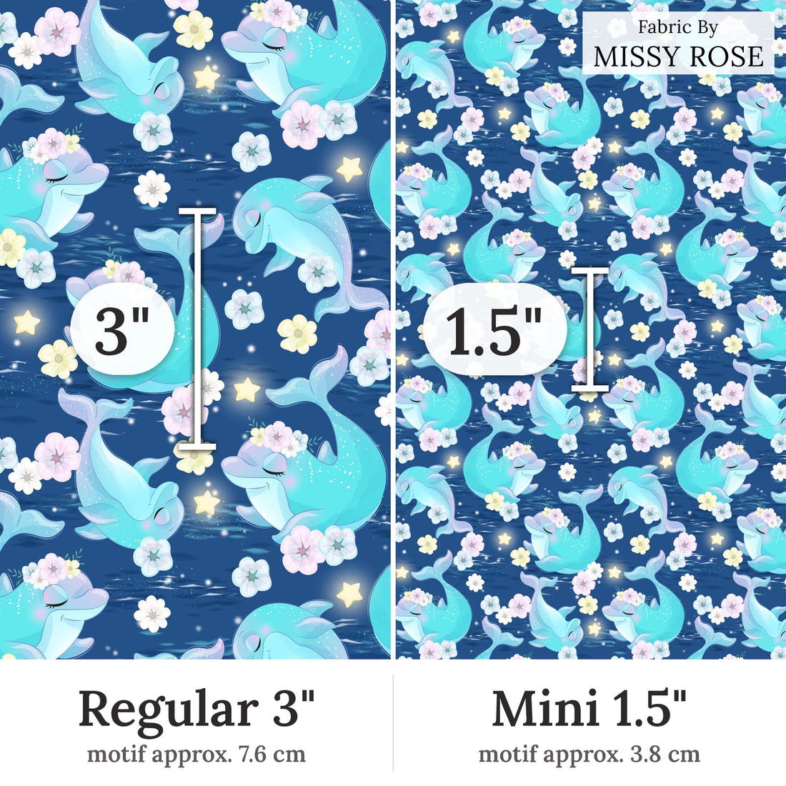 Design 289 Dolphin Fabric Regular 3 inch vs Mini 1.5 inch print scale side by side | Fabric by Missy Rose