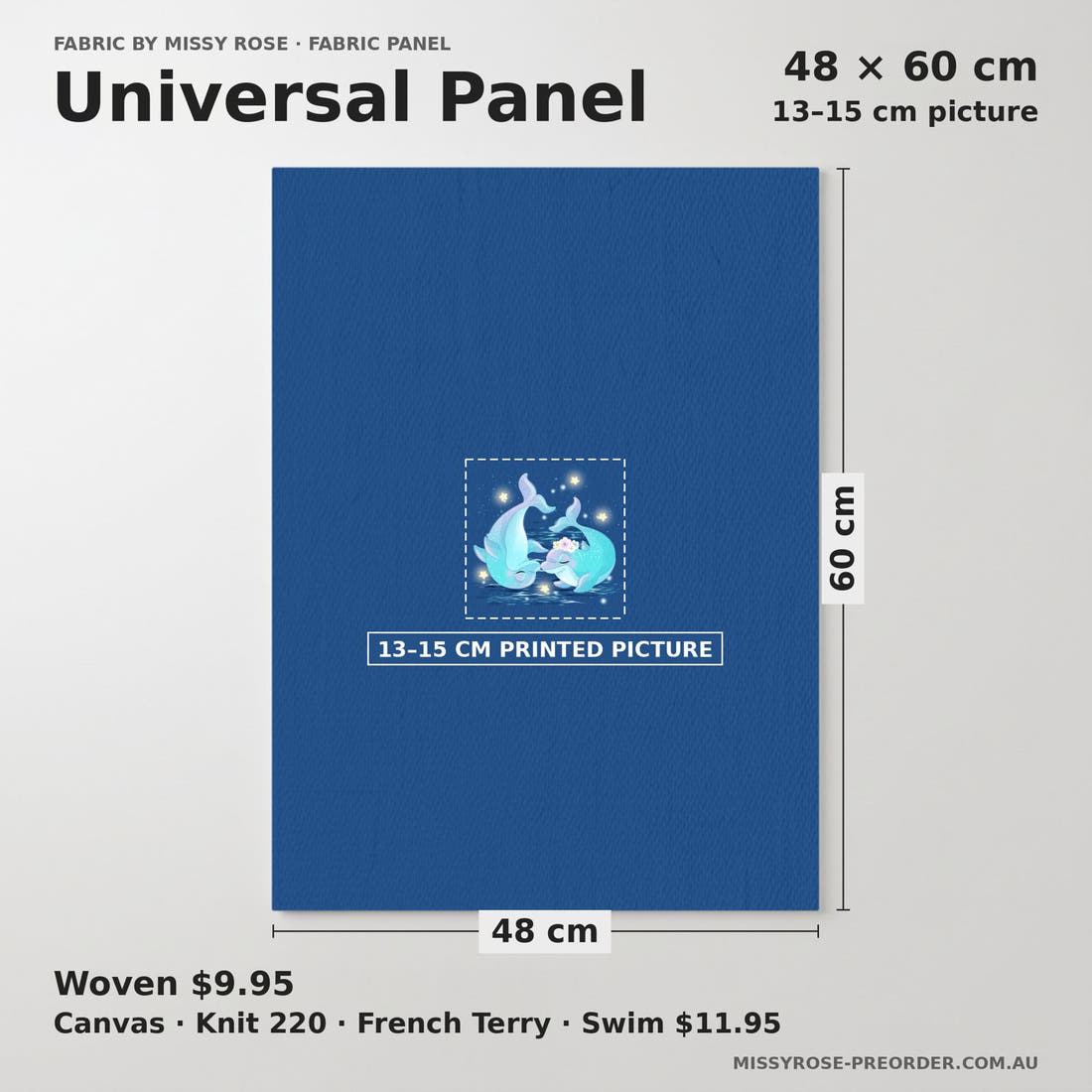 Design 289 Dolphin Panel universal panel sizing – 13–15 cm printed picture on 48 × 60 cm fabric | Fabric by Missy Rose