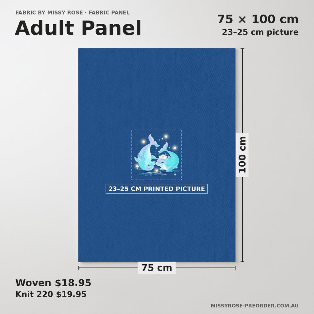 Design 289 Dolphin Panel adult panel sizing – 23–25 cm printed picture on 75 × 100 cm fabric | Fabric by Missy Rose
