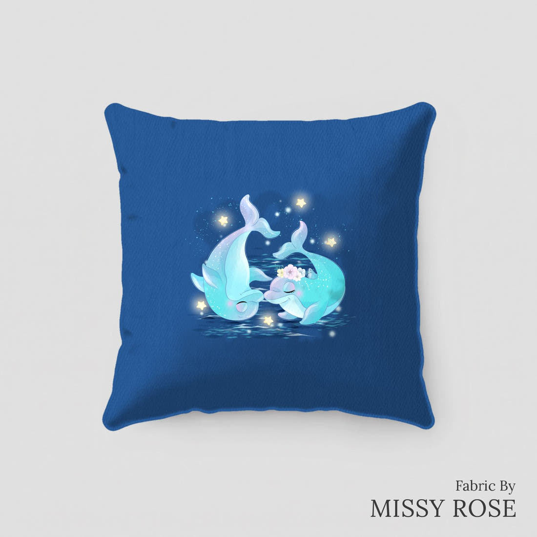 Design 289 Dolphin Panel sewn into a cushion – see how the panel looks made up | Fabric by Missy Rose