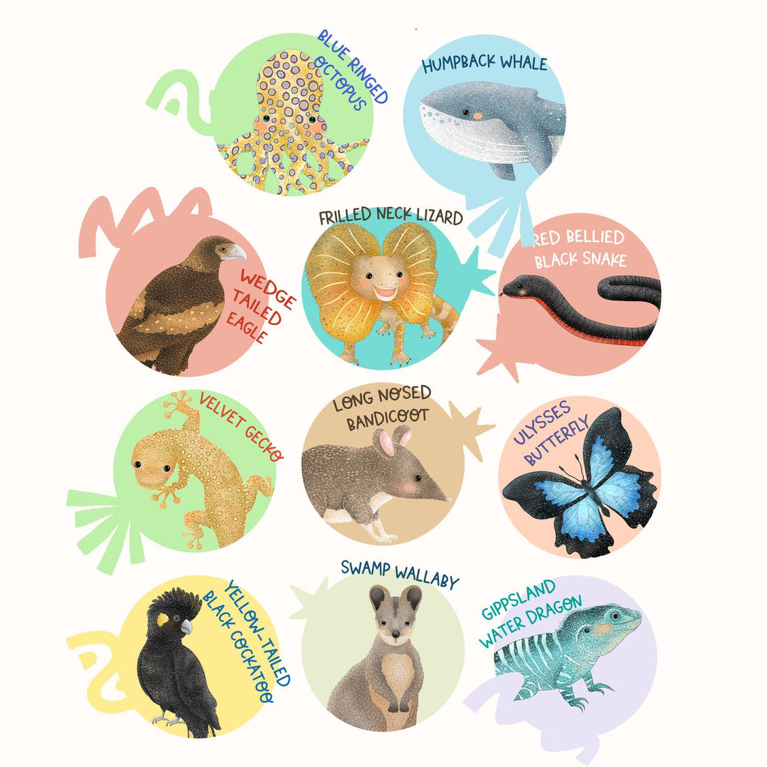Design 29 White Australian Animals Panel – full artwork close-up of the printed picture | Fabric by Missy Rose