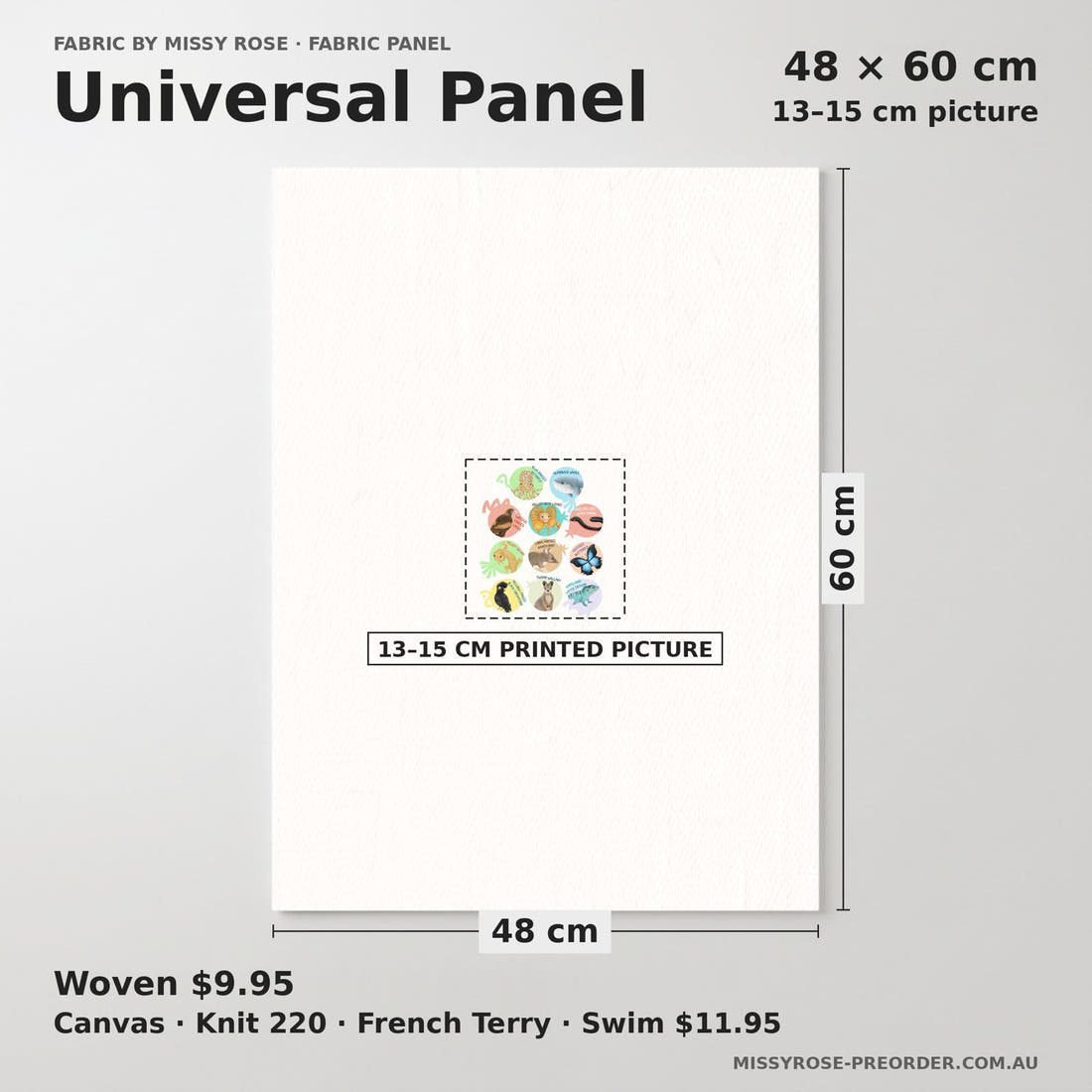 Design 29 White Australian Animals Panel universal panel sizing – 13–15 cm printed picture on 48 × 60 cm fabric | Fabric by Missy Rose