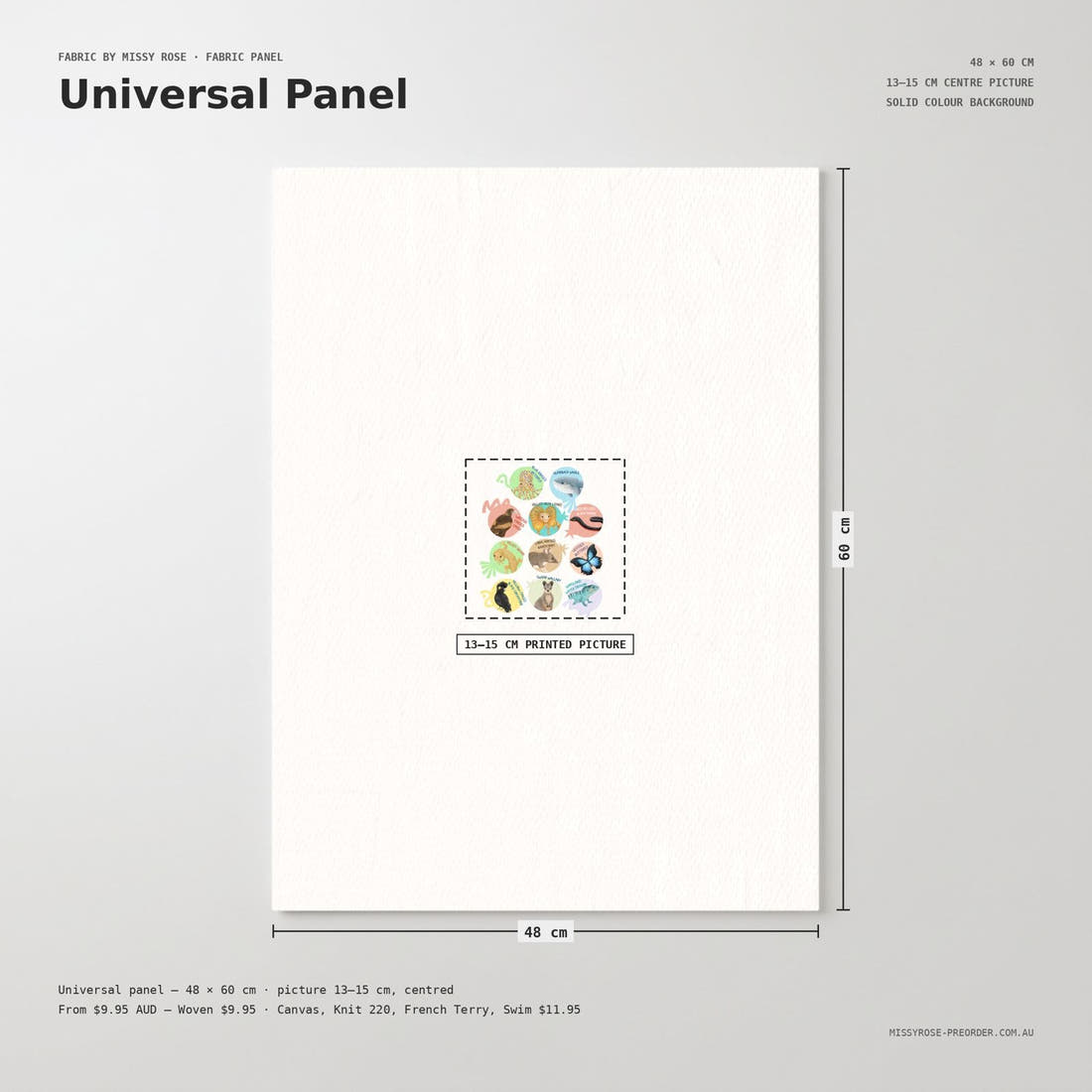 Design 29 White Australian Animals Panel universal panel sizing – 13–15 cm printed picture on 48 × 60 cm fabric | Fabric by Missy Rose