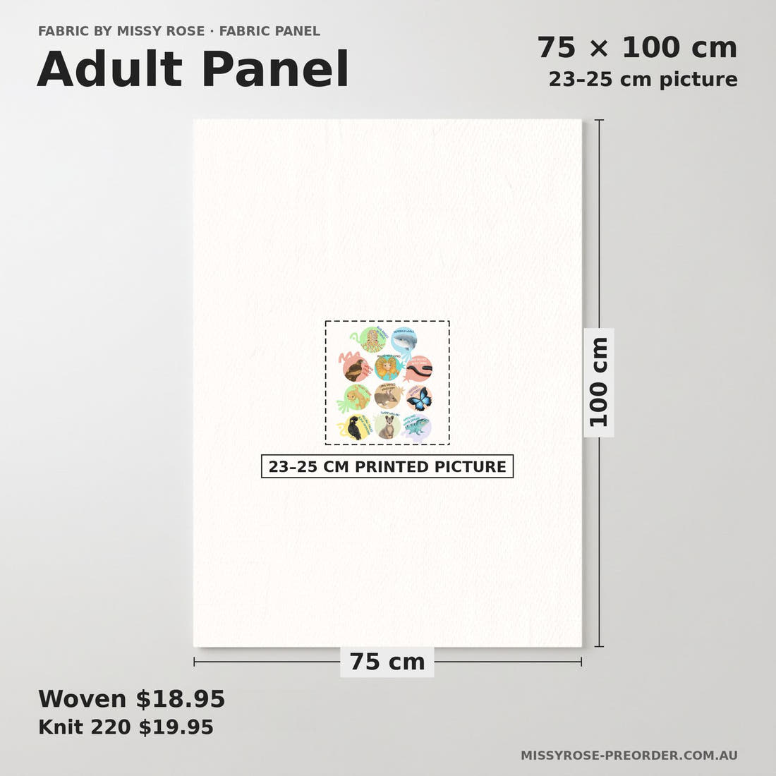 Design 29 White Australian Animals Panel adult panel sizing – 23–25 cm printed picture on 75 × 100 cm fabric | Fabric by Missy Rose
