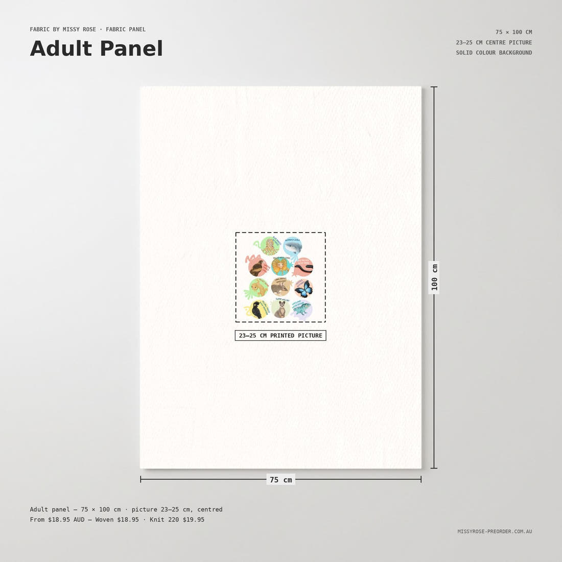 Design 29 White Australian Animals Panel adult panel sizing – 23–25 cm printed picture on a larger panel | Fabric by Missy Rose
