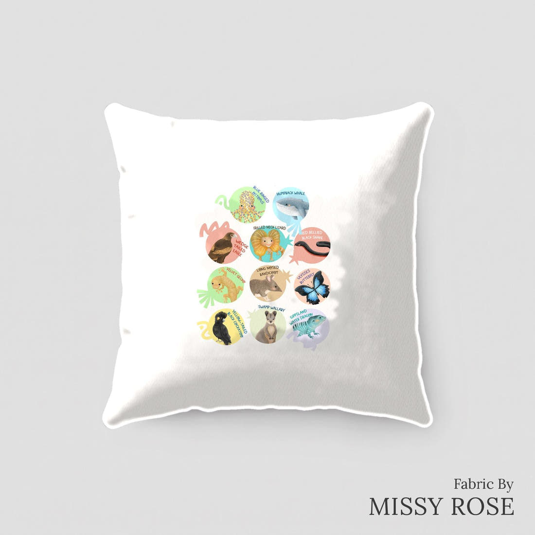 Design 29 White Australian Animals Panel sewn into a cushion – see how the panel looks made up | Fabric by Missy Rose