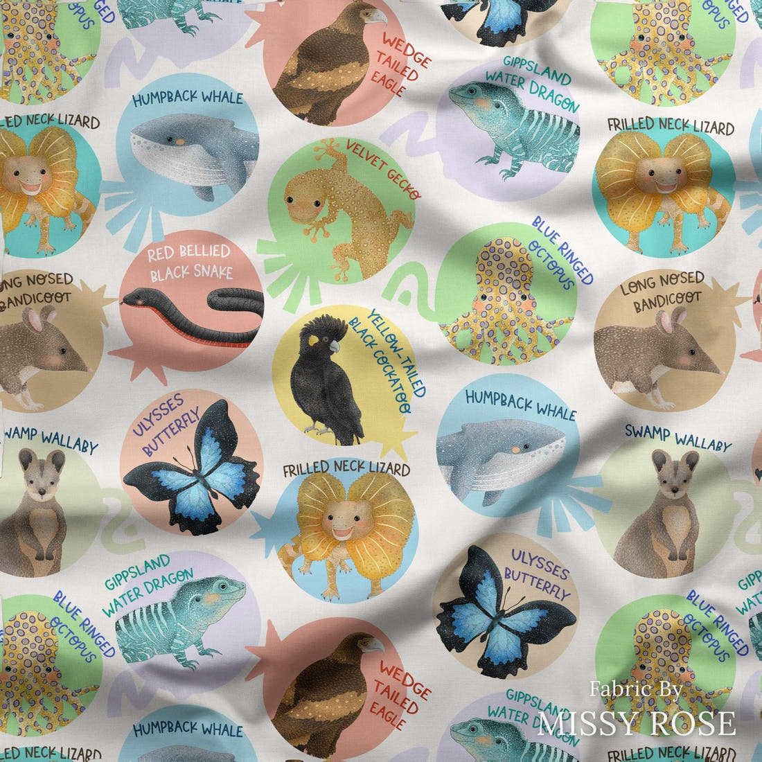 Design 29 White Australian Animals Fabric draped fabric mockup – custom printed fabric by the metre | Fabric by Missy Rose