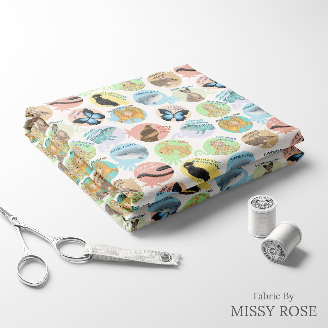 Design 29 White Australian Animals Fabric folded fabric stack with matching thread – pre-order fabric Australia | Fabric by Missy Rose