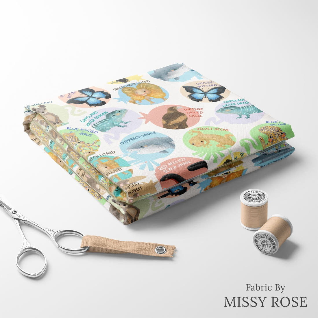 Design 29 White Australian Animals Fabric folded fabric stack with matching thread – pre-order fabric Australia | Fabric by Missy Rose
