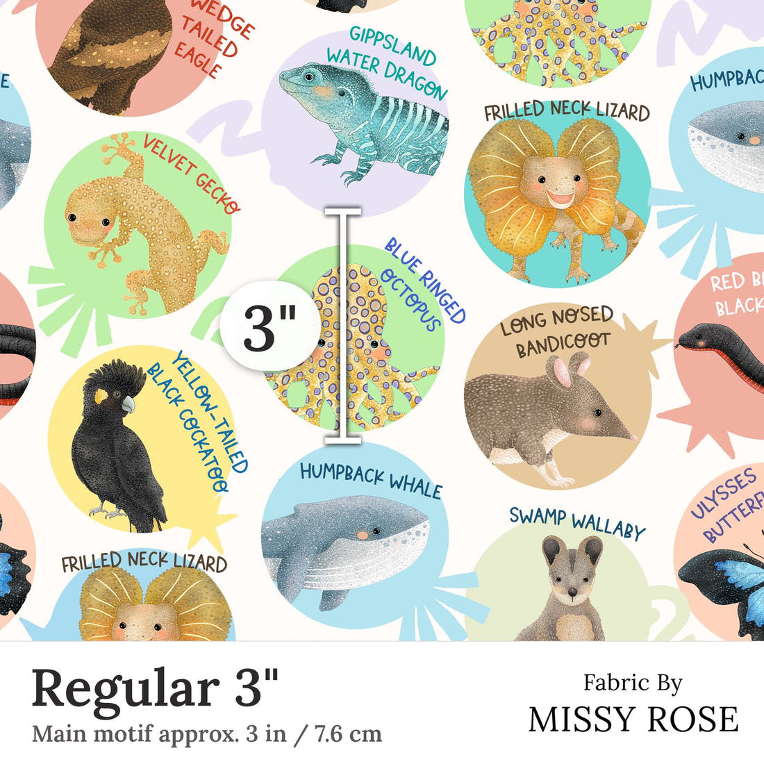 Design 29 White Australian Animals Fabric Regular 3 inch print scale guide | Fabric by Missy Rose