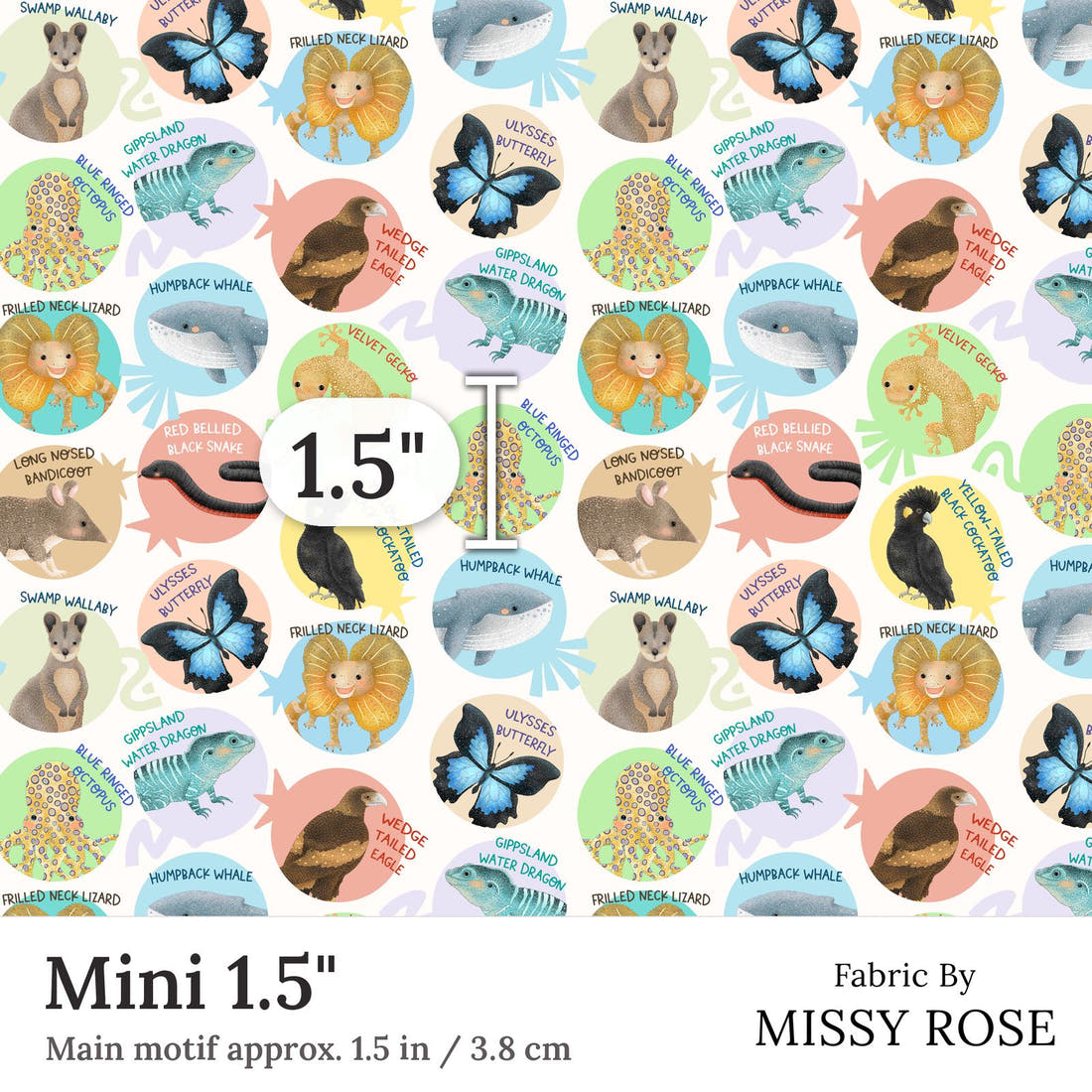 Design 29 White Australian Animals Fabric Mini 1.5 inch print scale guide | Fabric by Missy Rose