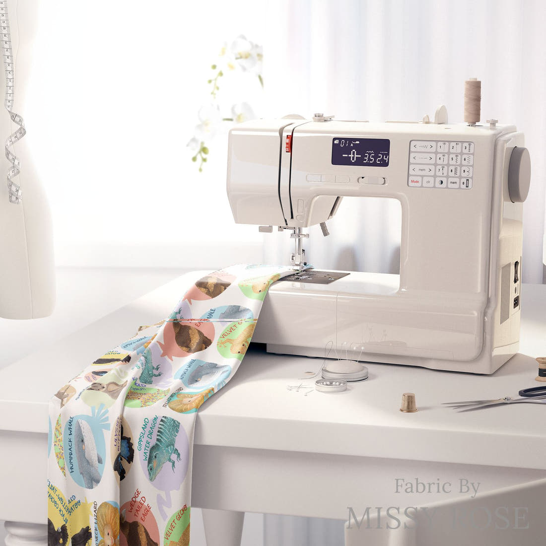 Design 29 White Australian Animals Fabric on a sewing machine – premium fabric for sewing projects | Fabric by Missy Rose