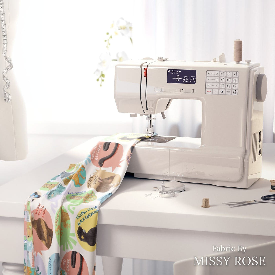 Design 29 White Australian Animals Fabric on a sewing machine – premium fabric for sewing projects | Fabric by Missy Rose