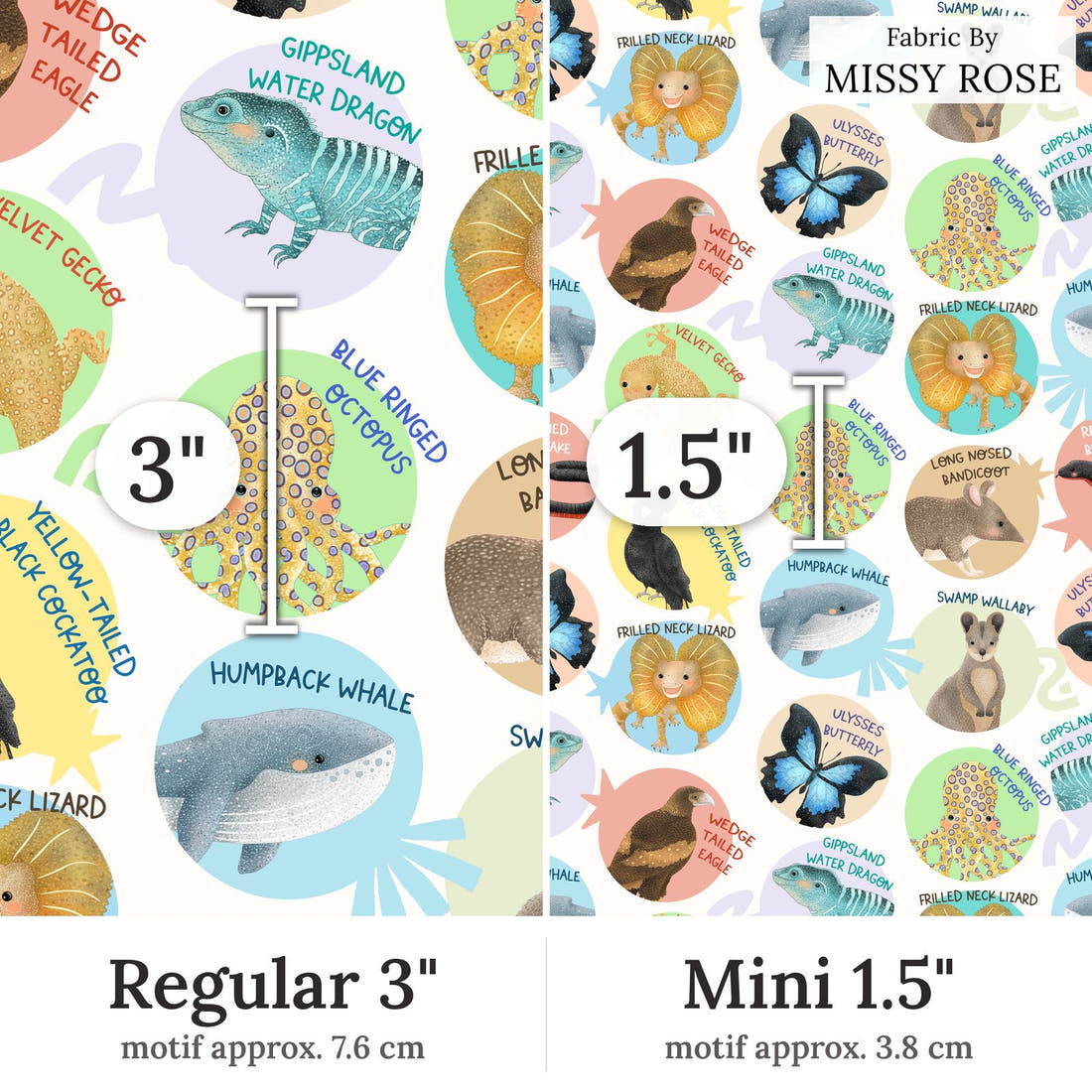 Design 29 White Australian Animals Fabric Regular 3 inch vs Mini 1.5 inch print scale side by side | Fabric by Missy Rose