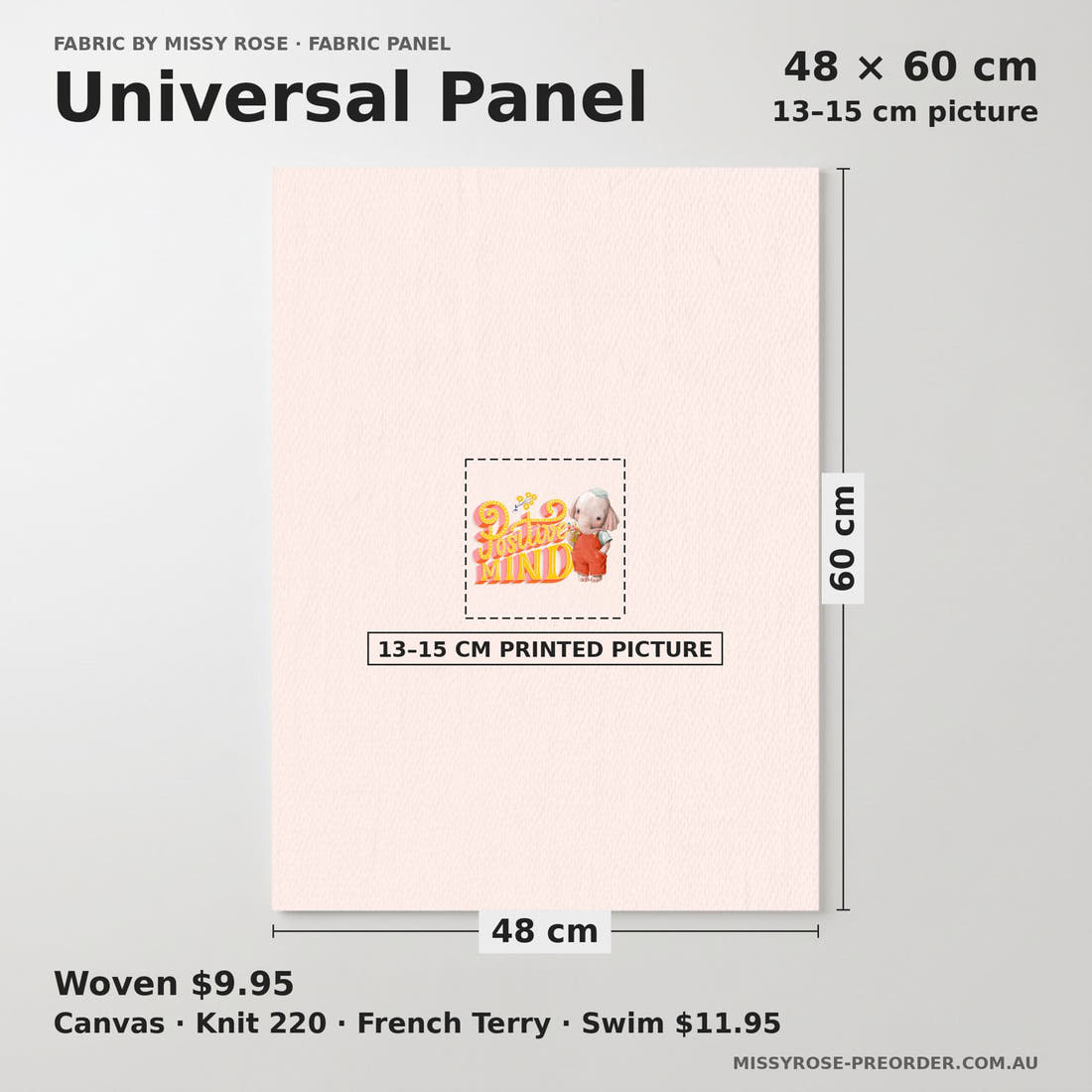 Design 290 Peach Elephant Panel universal panel sizing – 13–15 cm printed picture on 48 × 60 cm fabric | Fabric by Missy Rose