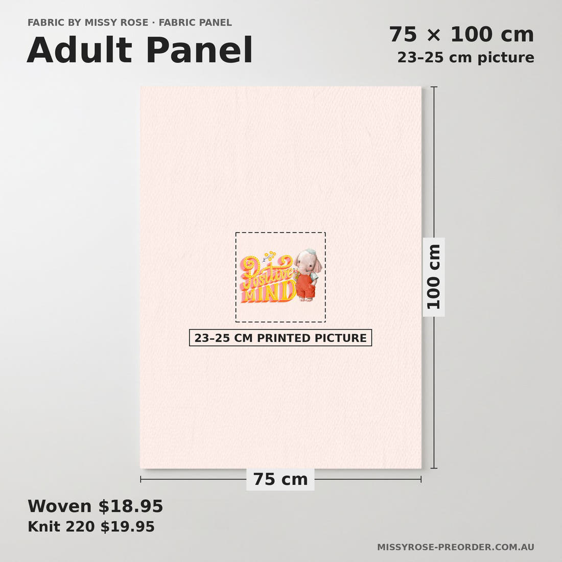 Design 290 Peach Elephant Panel adult panel sizing – 23–25 cm printed picture on 75 × 100 cm fabric | Fabric by Missy Rose