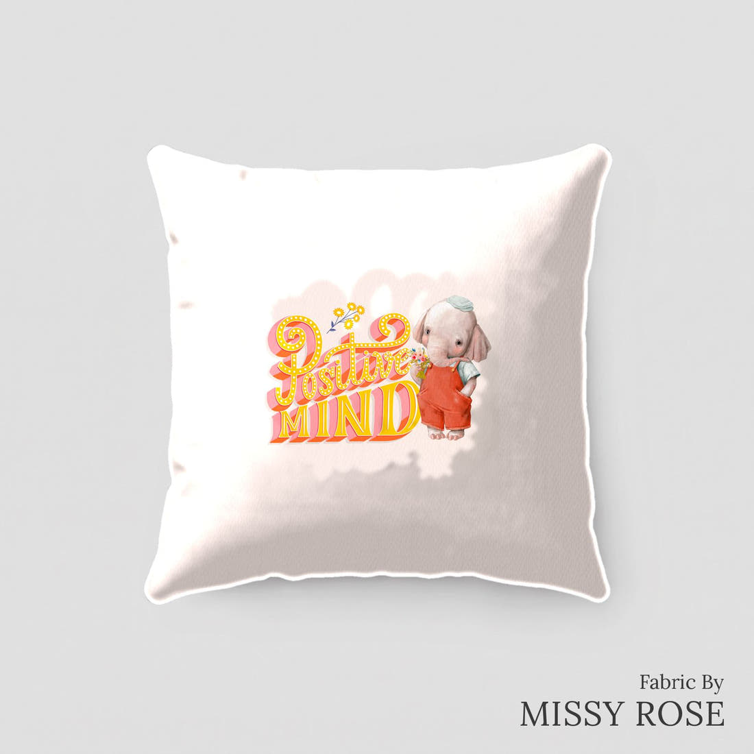 Design 290 Peach Elephant Panel sewn into a cushion – see how the panel looks made up | Fabric by Missy Rose