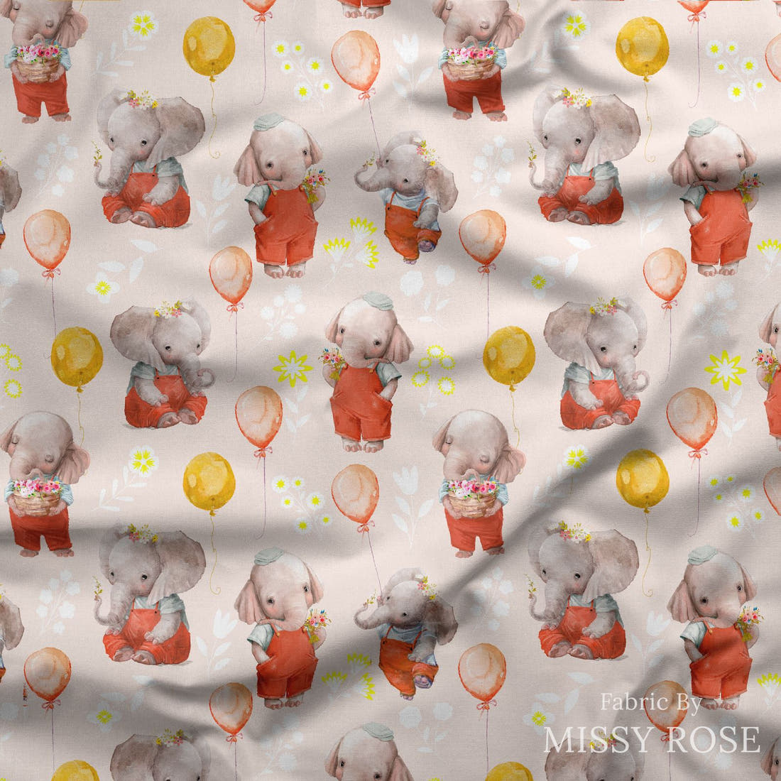 Design 290 Peach Elephant Fabric draped fabric mockup – custom printed fabric by the metre | Fabric by Missy Rose