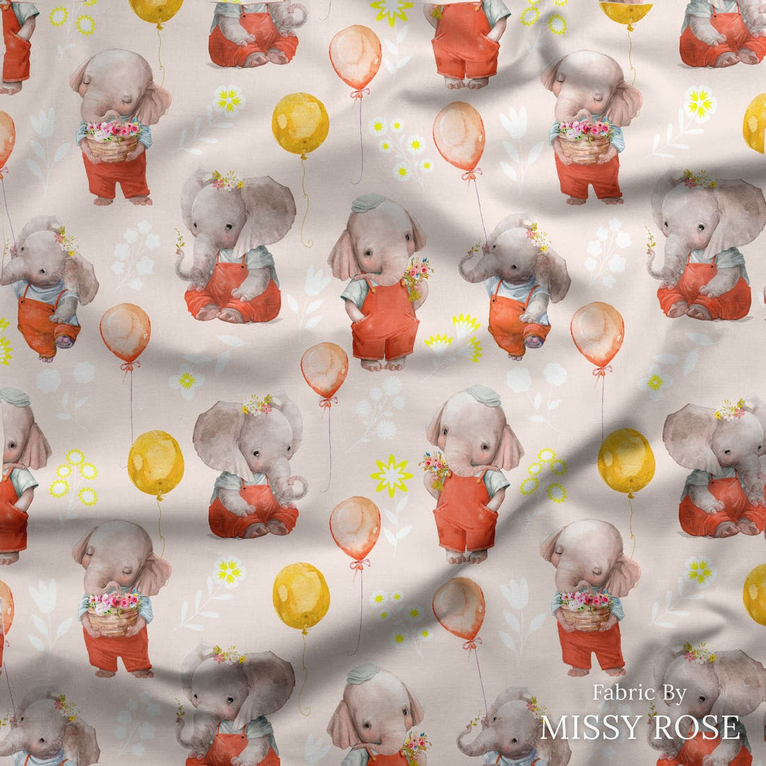 Design 290 Peach Elephant Fabric draped fabric mockup – custom printed fabric by the metre | Fabric by Missy Rose