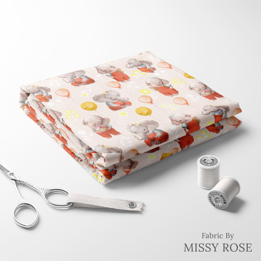 Design 290 Peach Elephant Fabric folded fabric stack with matching thread – pre-order fabric Australia | Fabric by Missy Rose