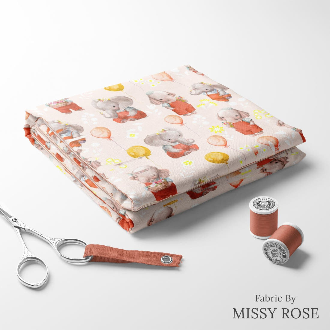 Design 290 Peach Elephant Fabric folded fabric stack with matching thread – pre-order fabric Australia | Fabric by Missy Rose
