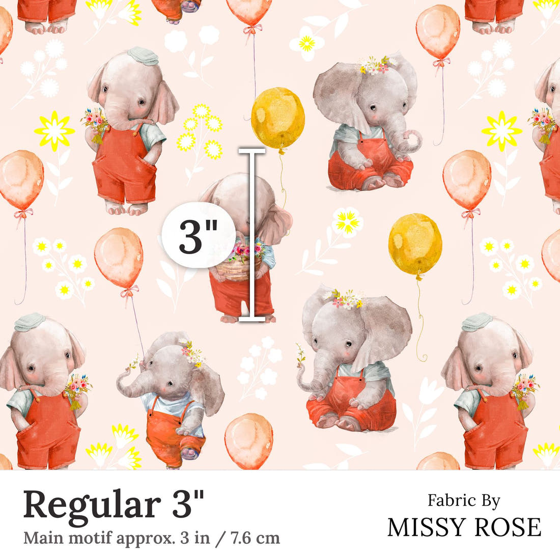 Design 290 Peach Elephant Fabric Regular 3 inch print scale guide | Fabric by Missy Rose