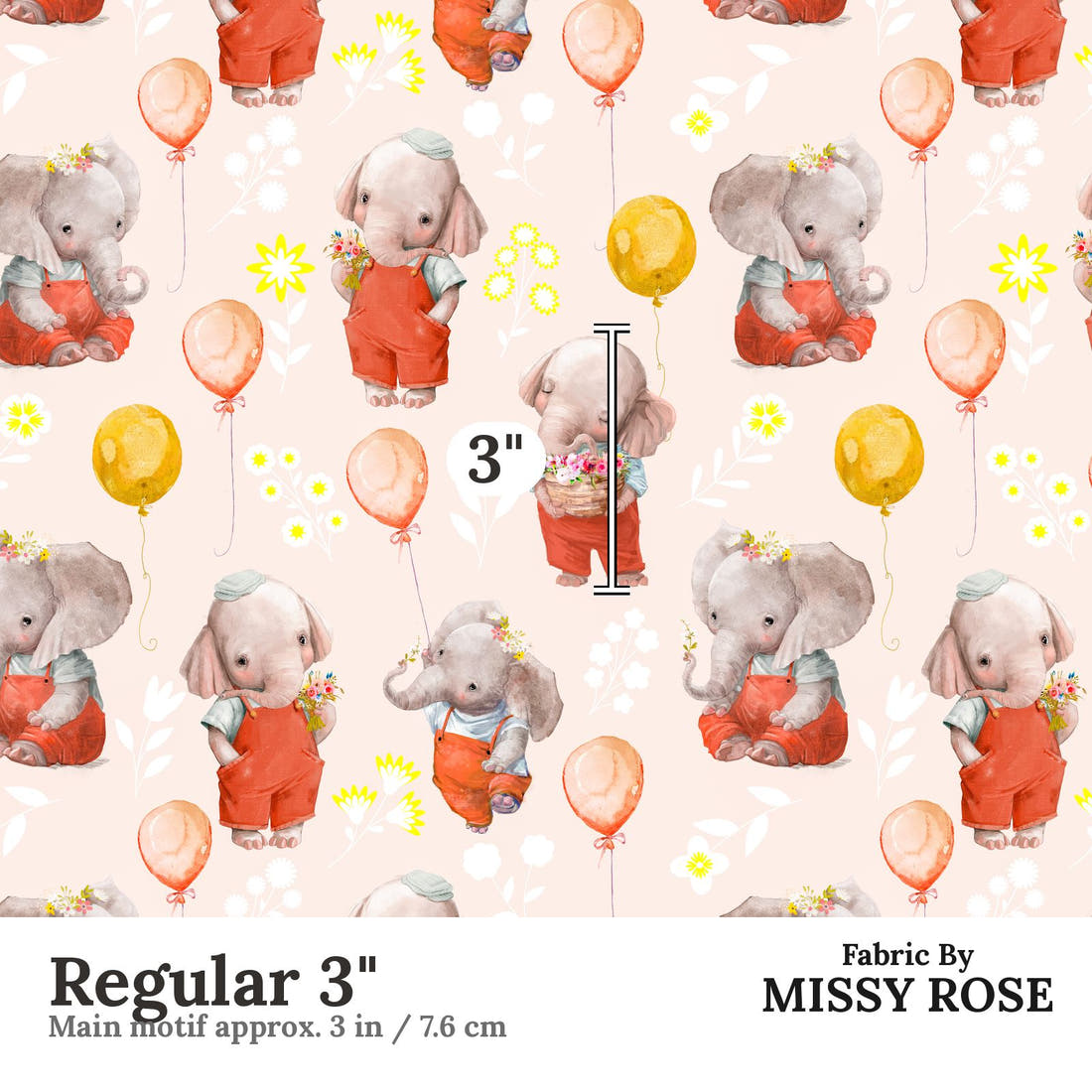 Design 290 Peach Elephant Fabric Regular 3" - print scale | Fabric by Missy Rose
