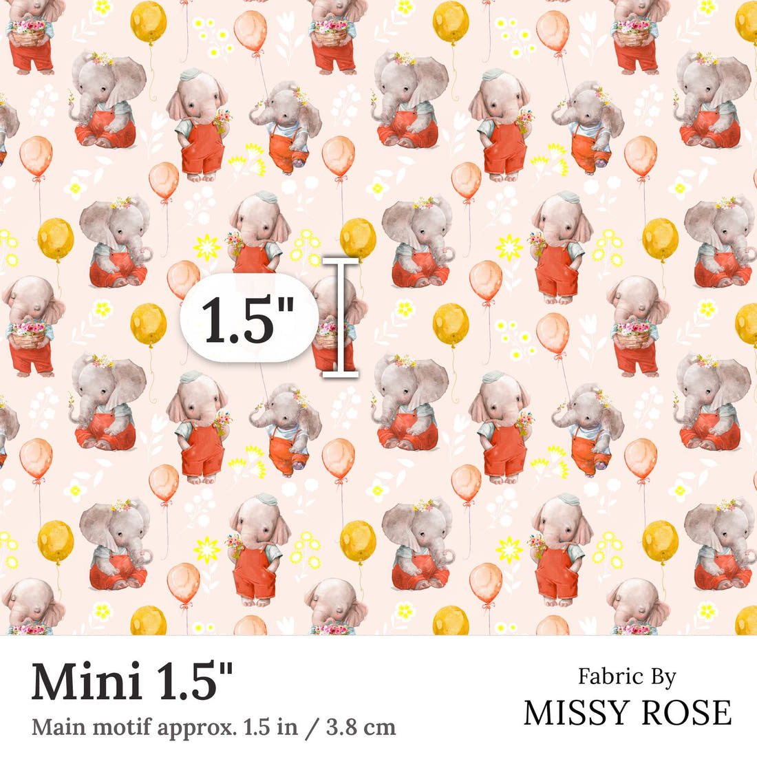 Design 290 Peach Elephant Fabric Mini 1.5 inch print scale guide | Fabric by Missy Rose