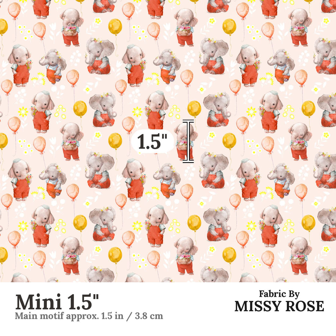 Design 290 Peach Elephant Fabric Mini 1.5" - print scale | Fabric by Missy Rose