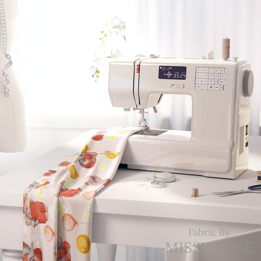 Design 290 Peach Elephant Fabric on a sewing machine – premium fabric for sewing projects | Fabric by Missy Rose